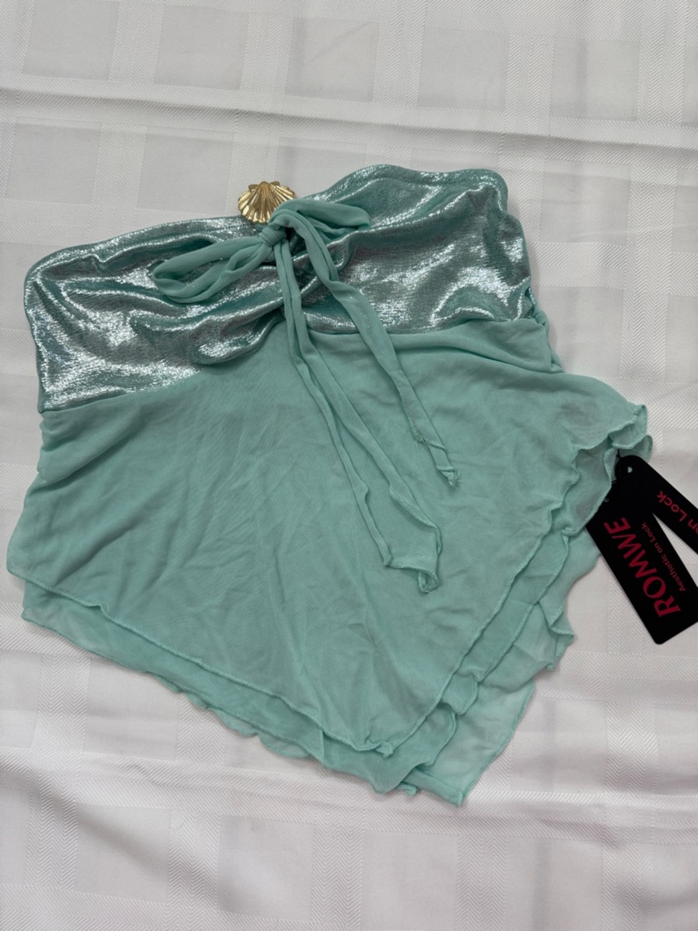 ROMWE Seafoam Green Metallic Strapless Handkerchief Hem Top